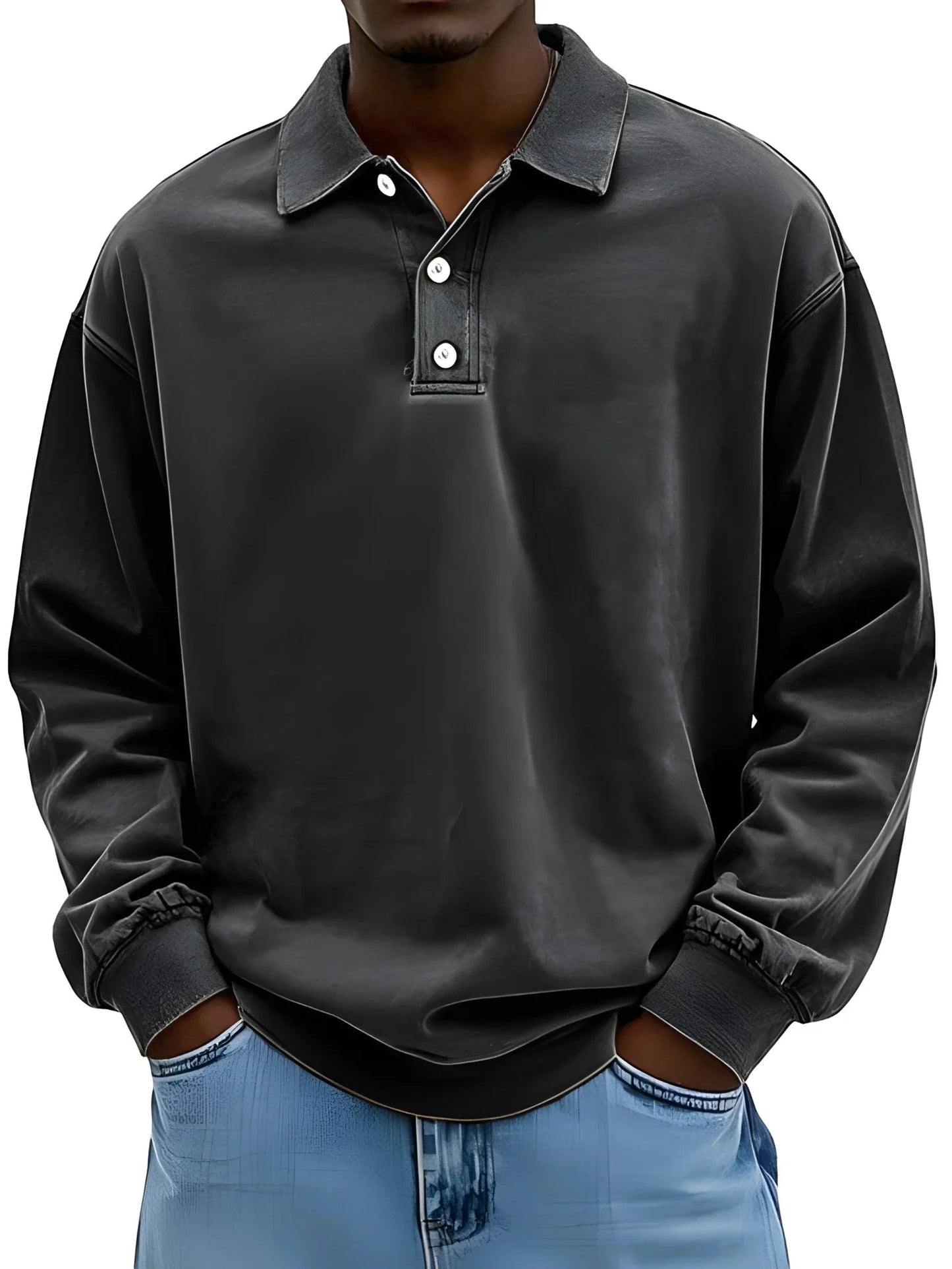 Men's Vintage Oversized Polo Shirt with Long Sleeve and V-Neck
