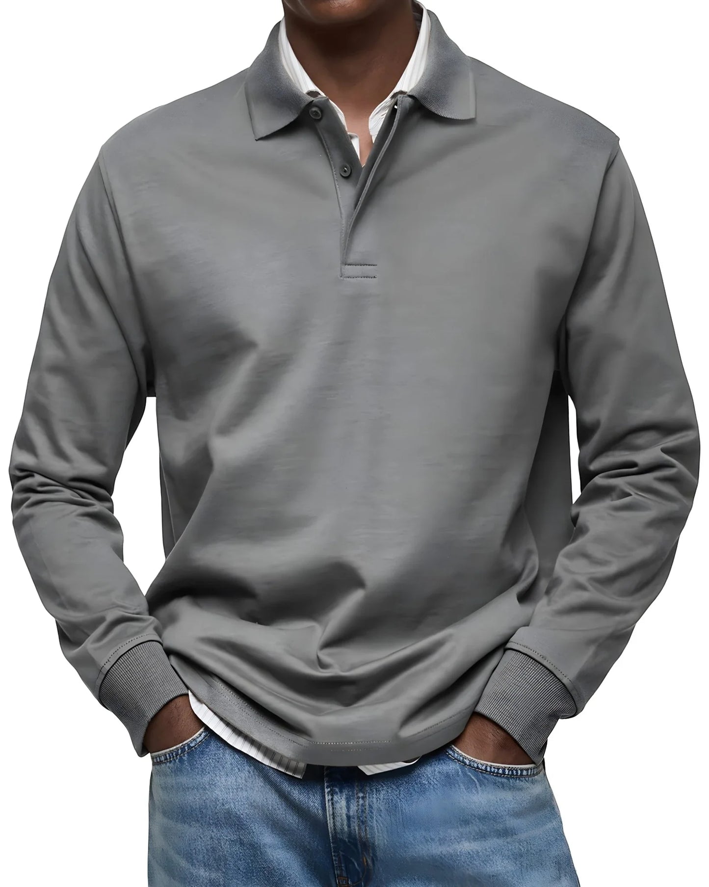 Men's Vintage Slim Fit Polo Shirt with Long Sleeve and V-Neck