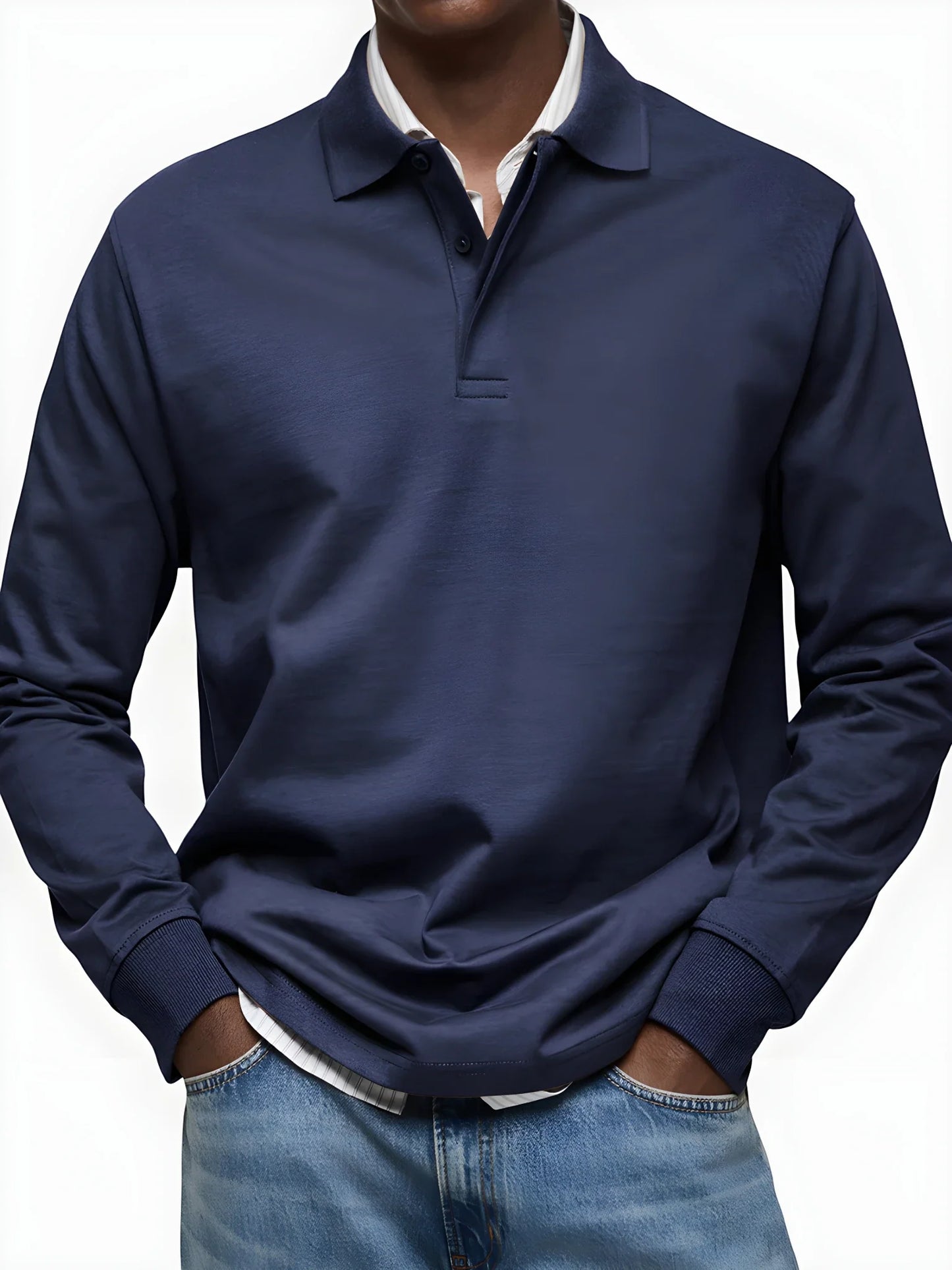 Men's Vintage Slim Fit Polo Shirt with Long Sleeve and V-Neck