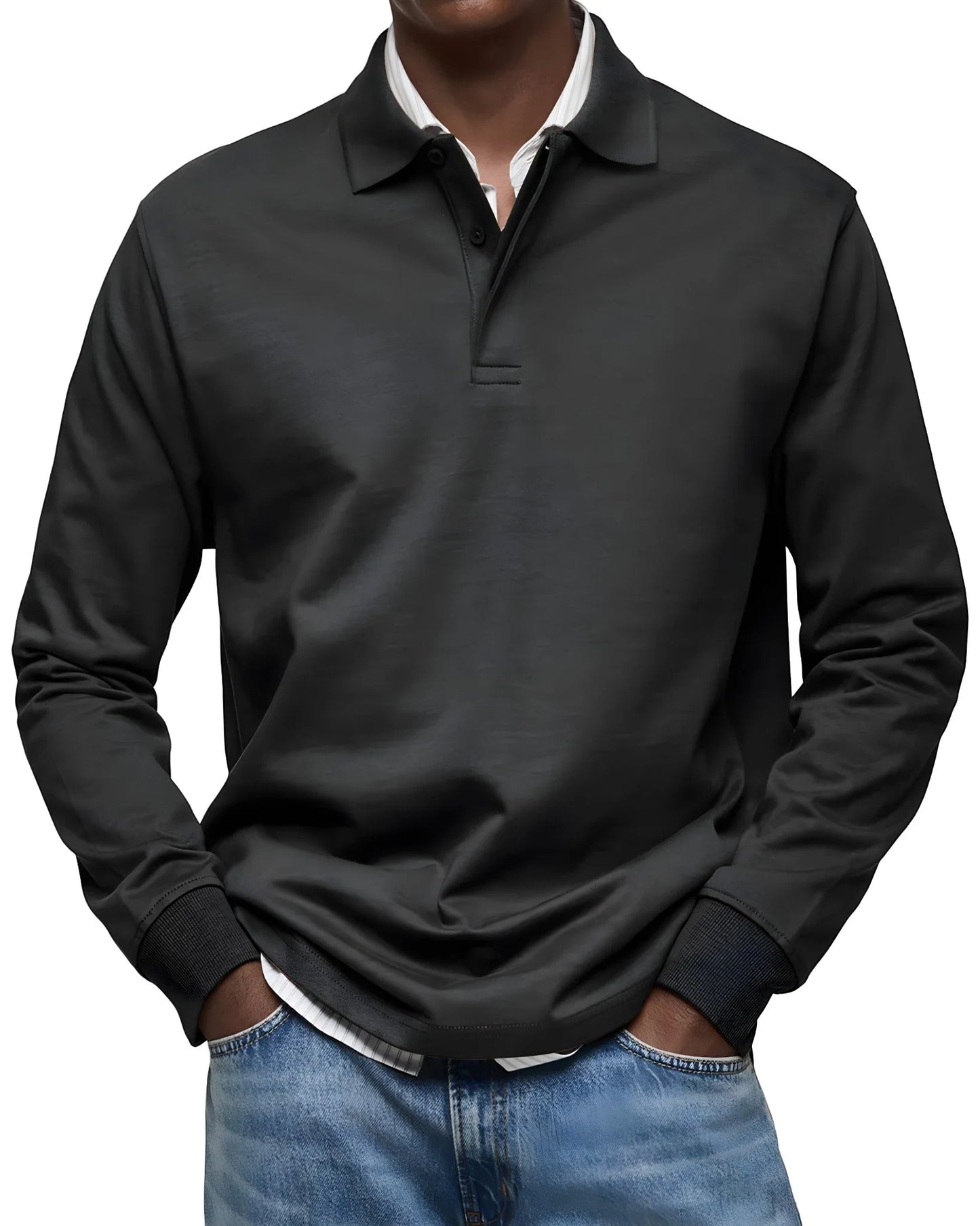 Men's Vintage Slim Fit Polo Shirt with Long Sleeve and V-Neck