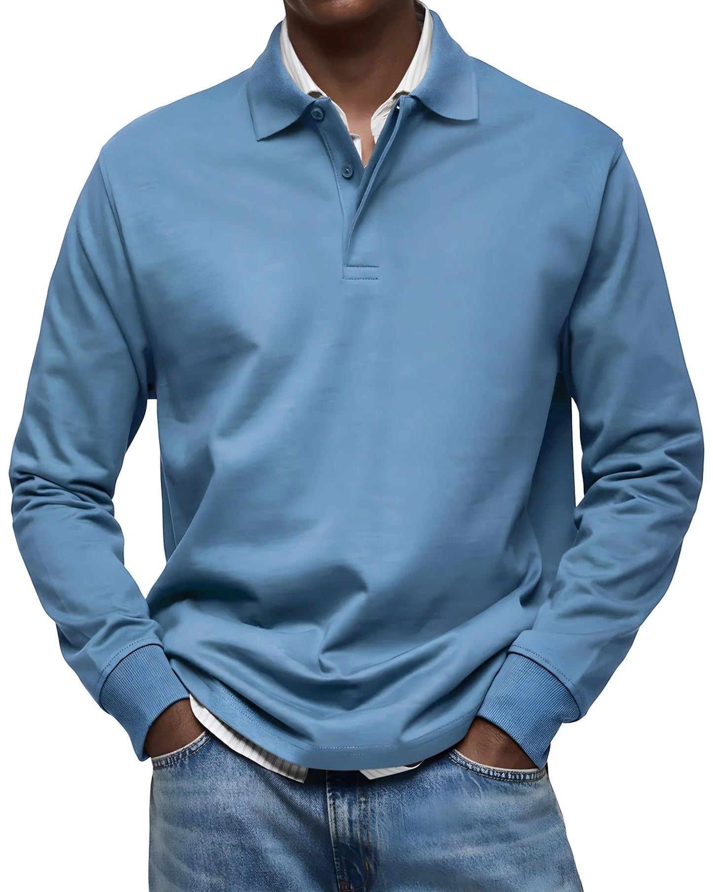 Men's Vintage Slim Fit Polo Shirt with Long Sleeve and V-Neck