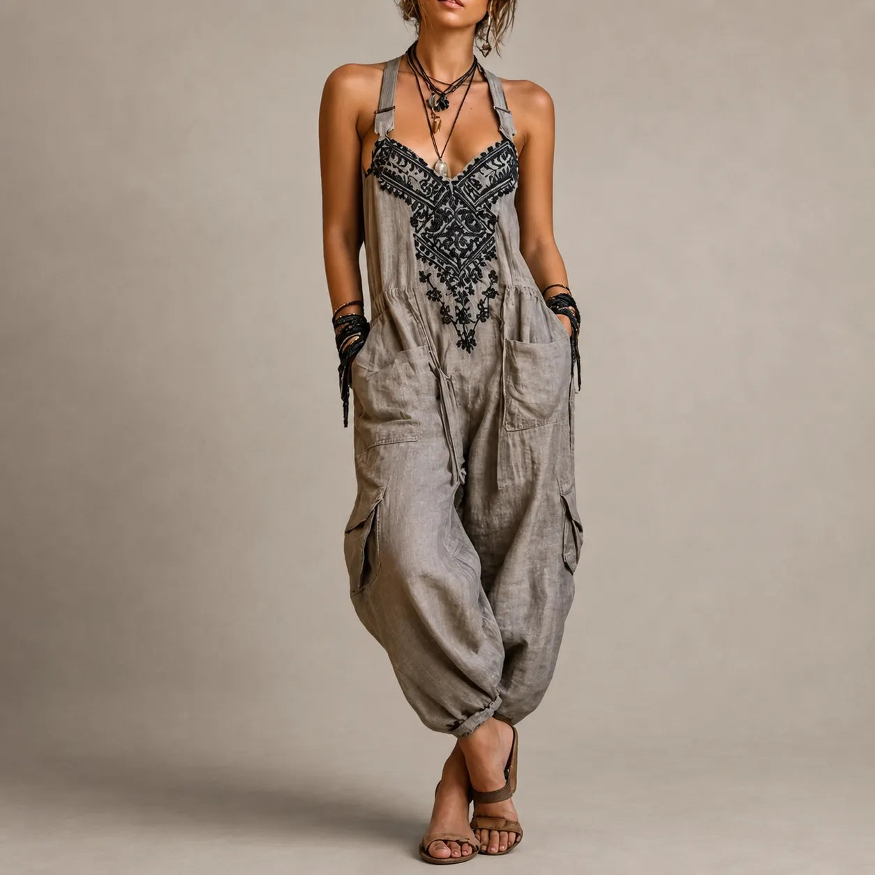 Mono de Mujer Largo Boho Ancho con Bolsillos De Parche