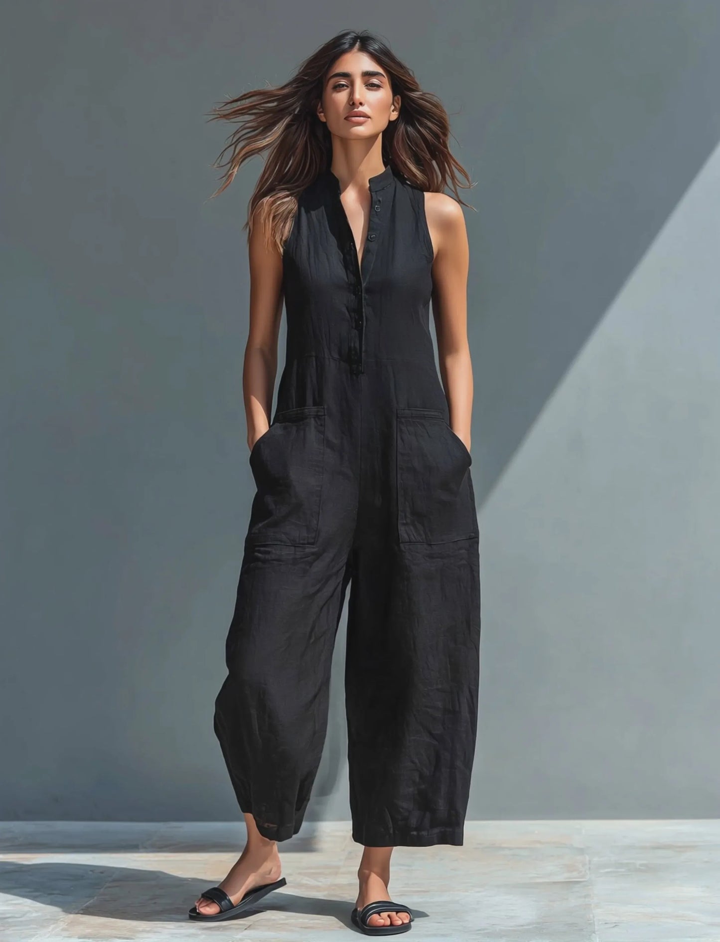 Mono de Mujer Casual Minimalista con Cuello Mao y Botones