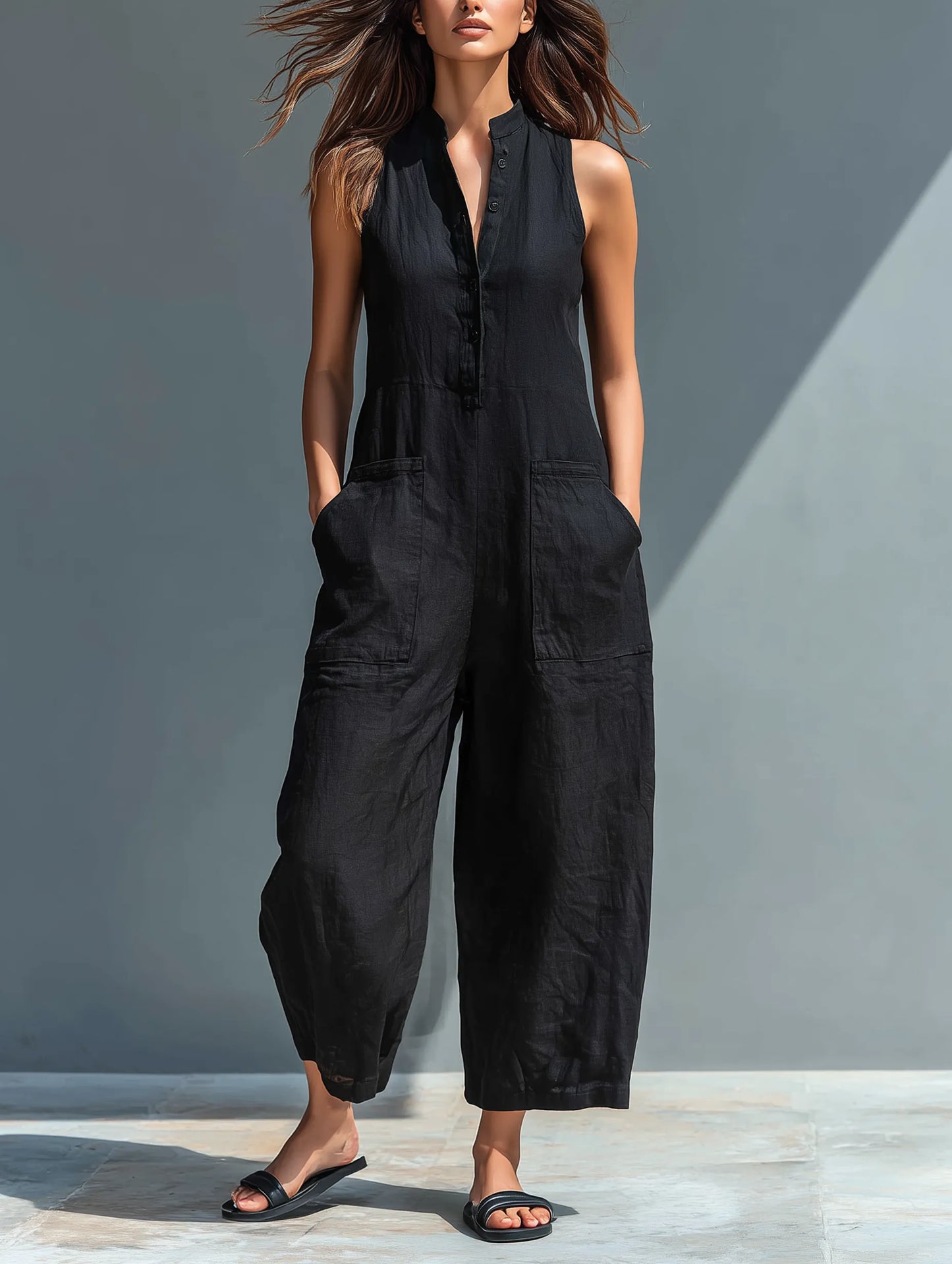 Mono de Mujer Casual Minimalista con Cuello Mao y Botones