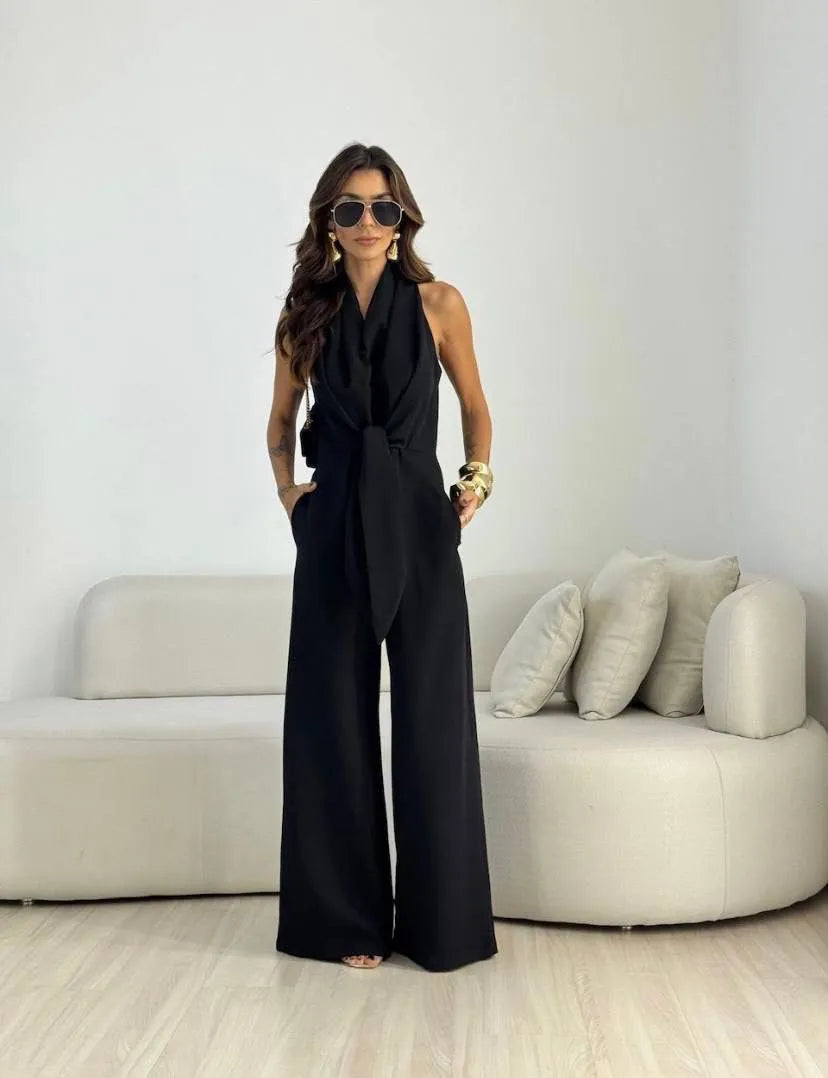 Mono de Mujer Elegante Fluido con Nudo Delantero y Pernera Ancha