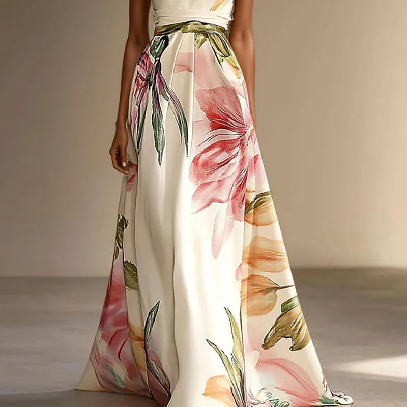 Vestido de Invitada de Boda Largo Flores Elegante con Cuello Halter