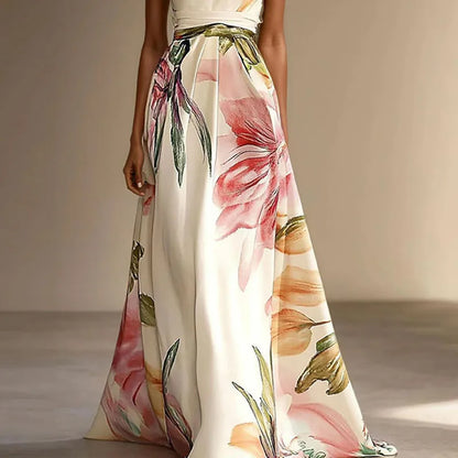 Vestido de Invitada de Boda Largo Flores Elegante con Cuello Halter