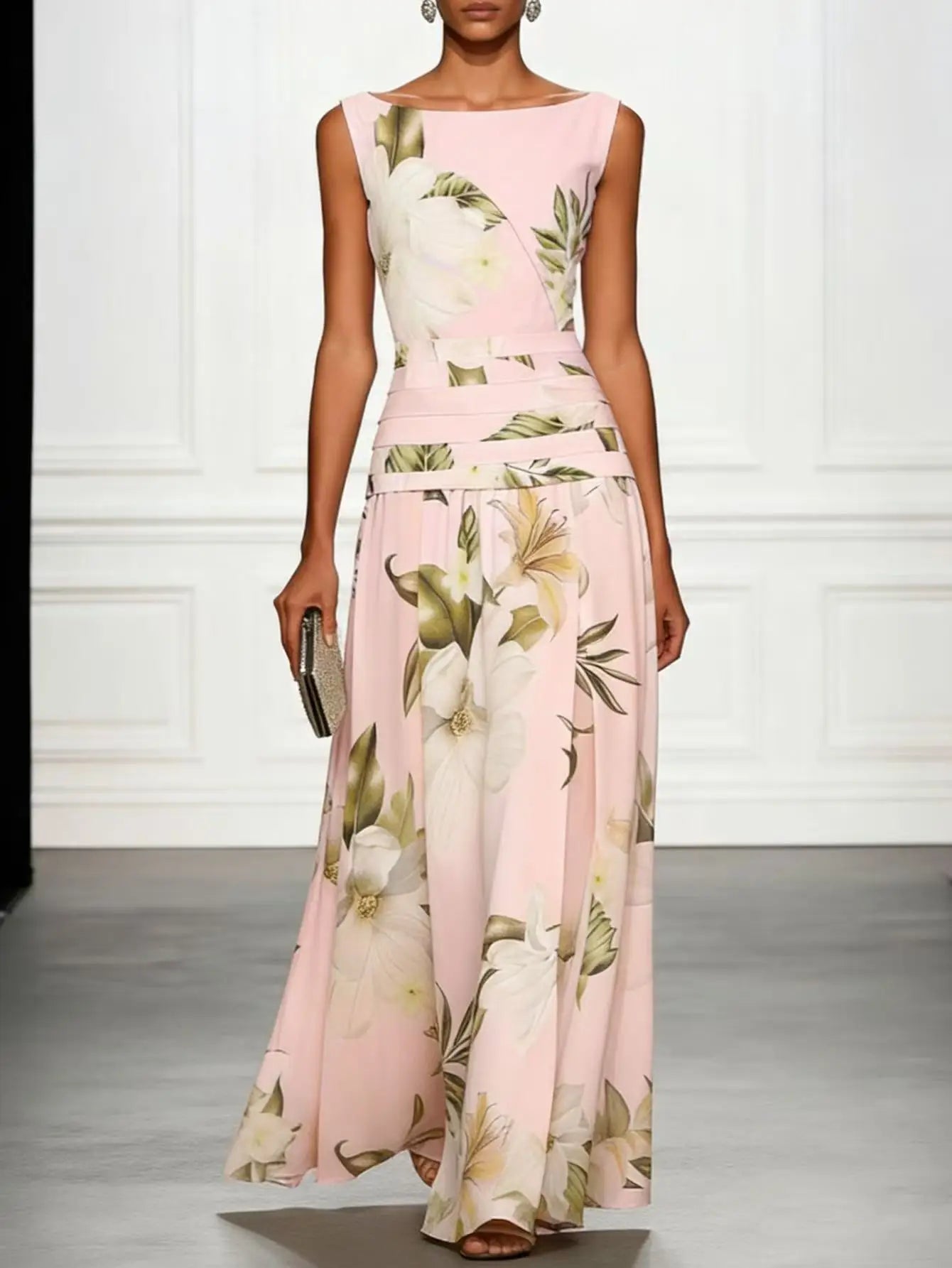 Vestido de Invitada de Boda Largo Flores Elegante con Sin Mangas