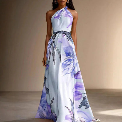 Vestido de Invitada de Boda Largo Flores Elegante con Cuello Halter
