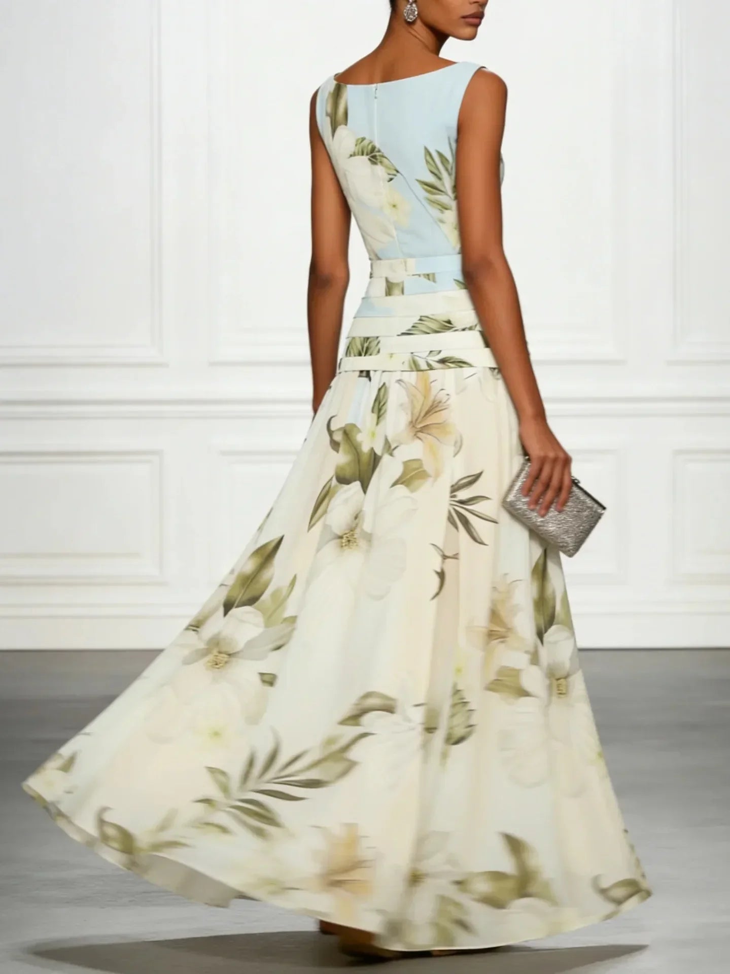 Vestido de Invitada de Boda Largo Flores Elegante con Sin Mangas
