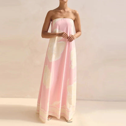 Vestido de Invitada de Boda Largo Estampado Elegante con Palabra de Honor