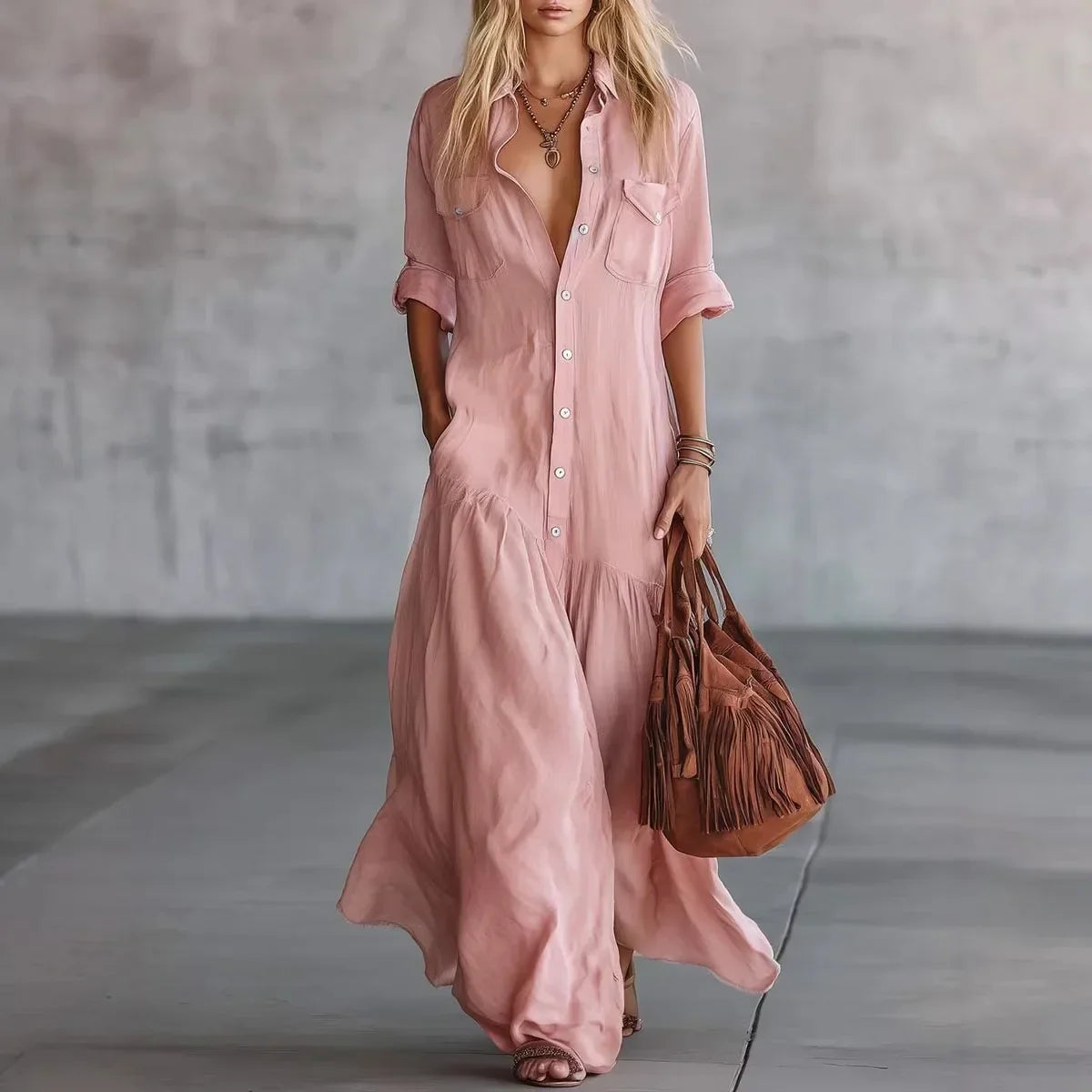 Vestido de Invitada de Boda Largo Elegante Fluido con Botones Frontales