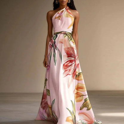 Vestido de Invitada de Boda Largo Flores Elegante con Cuello Halter