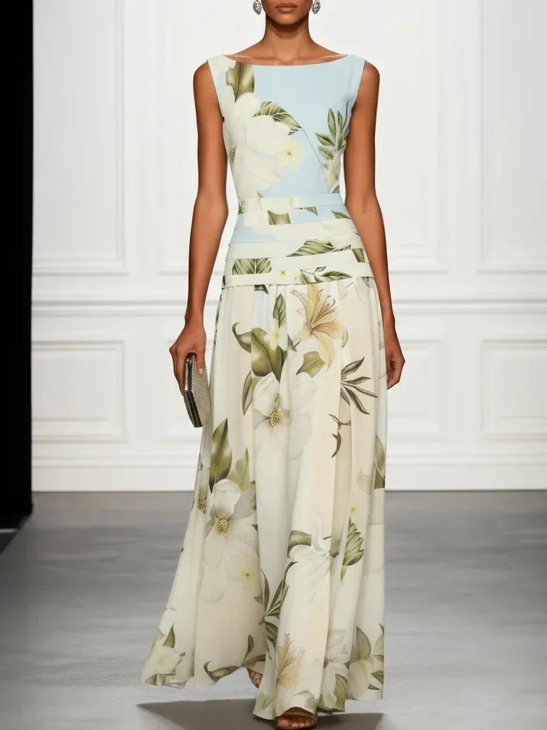 Vestido de Invitada de Boda Largo Flores Elegante con Sin Mangas