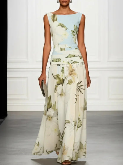 Vestido de Invitada de Boda Largo Flores Elegante con Sin Mangas