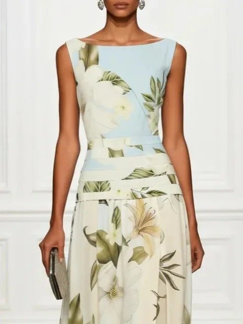 Vestido de Invitada de Boda Largo Flores Elegante con Sin Mangas