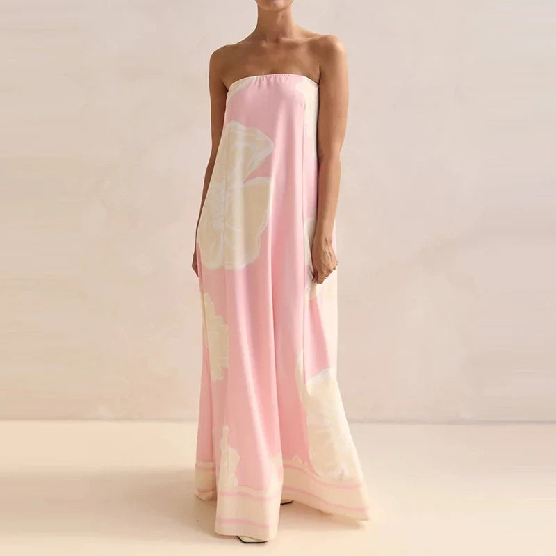Vestido de Invitada de Boda Largo Estampado Elegante con Palabra de Honor