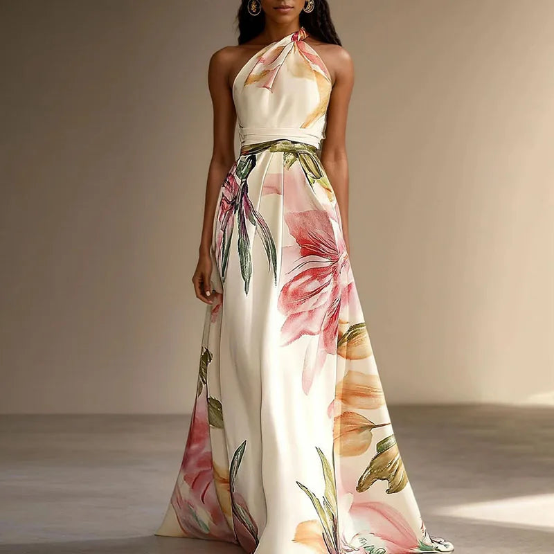 Vestido de Invitada de Boda Largo Flores Elegante con Cuello Halter