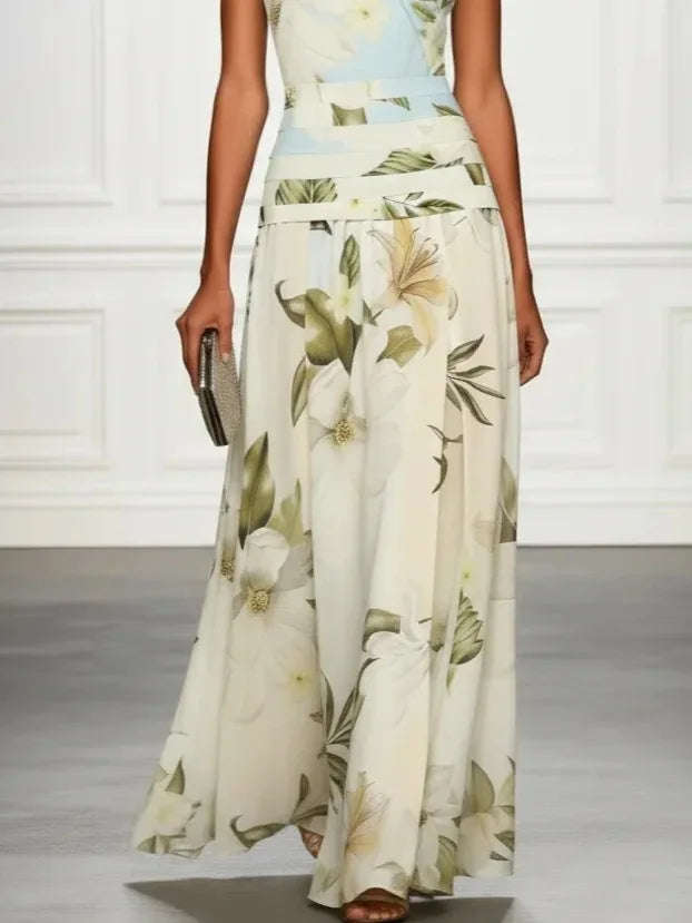 Vestido de Invitada de Boda Largo Flores Elegante con Sin Mangas