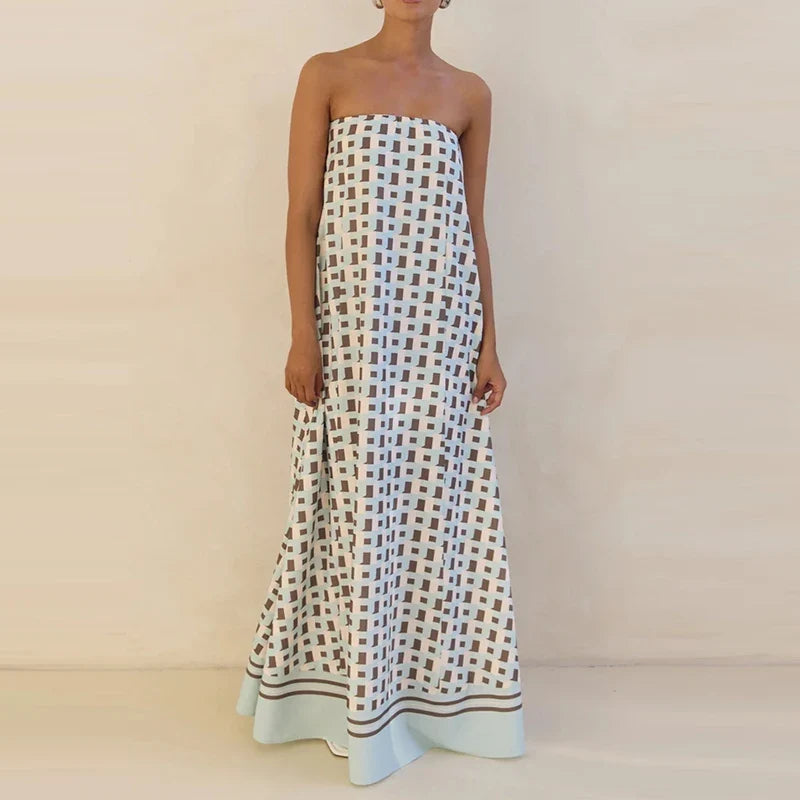 Vestido de Invitada de Boda Largo Estampado Elegante con Palabra de Honor