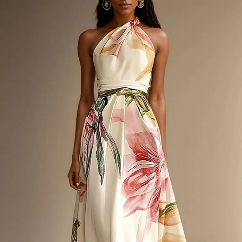 Vestido de Invitada de Boda Largo Flores Elegante con Cuello Halter