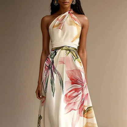 Vestido de Invitada de Boda Largo Flores Elegante con Cuello Halter