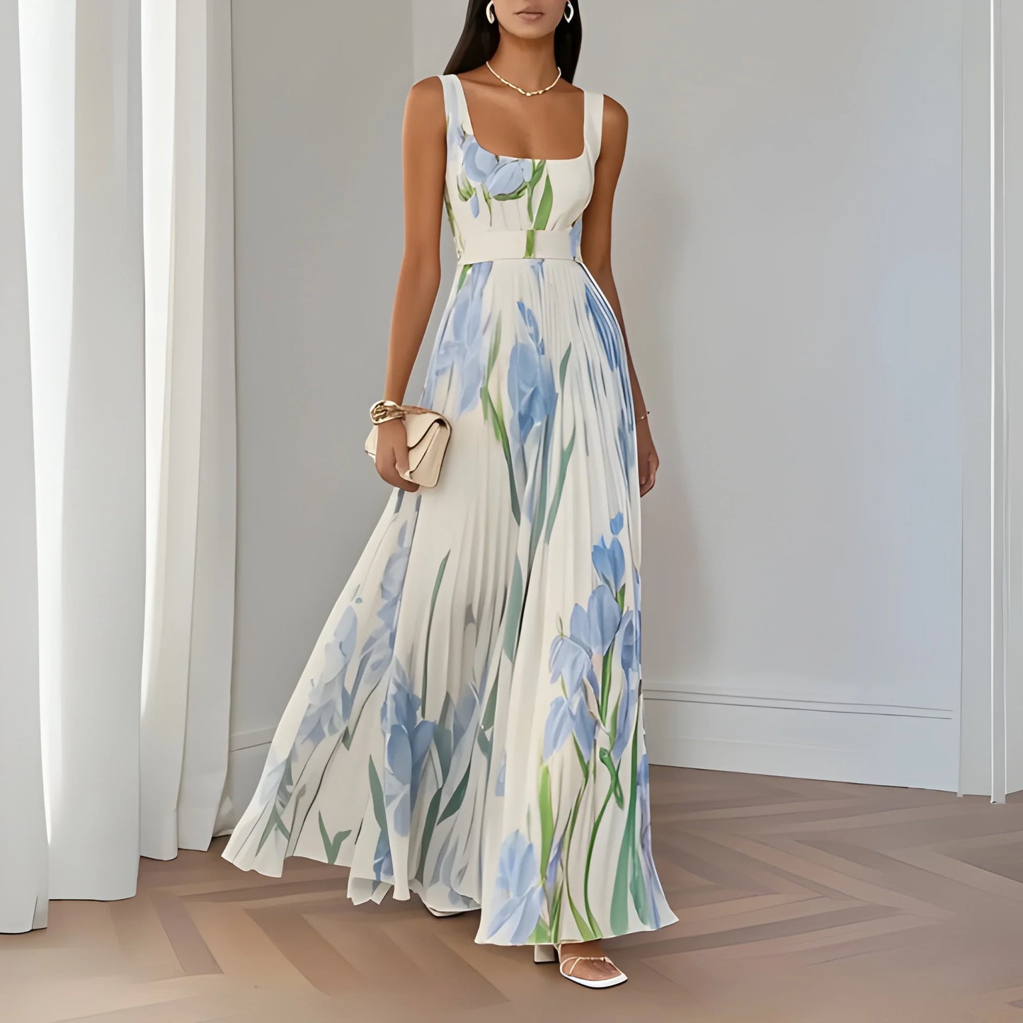 Vestido de Verano Largo Flores Elegante con Plisado