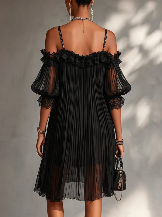 Vestido de Verano Corto Negro Elegante con Hombros Descubiertos