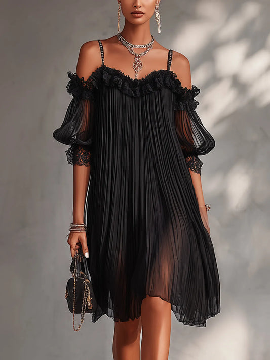 Vestido de Verano Corto Negro Elegante con Hombros Descubiertos
