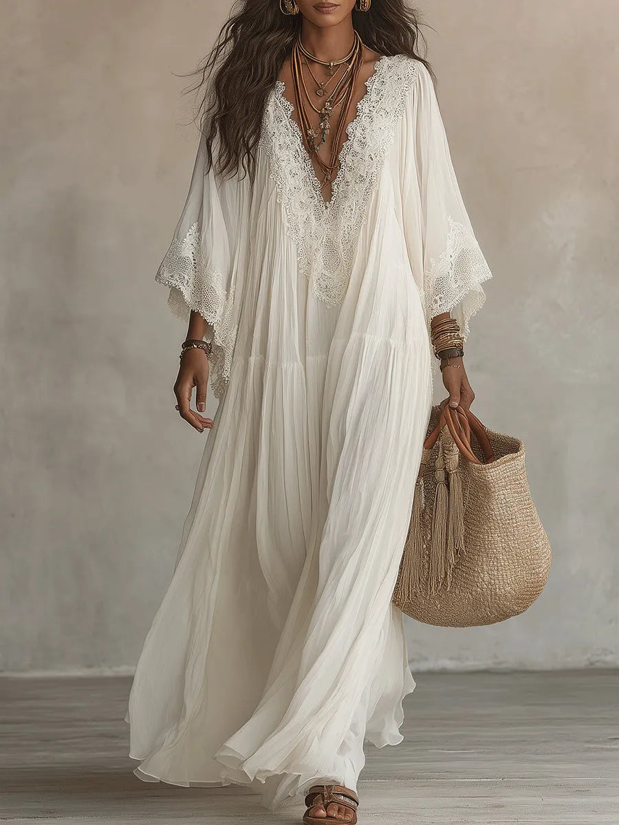 Vestido de Verano Largo Boho Fluido con Mangas Tipo Murciélago