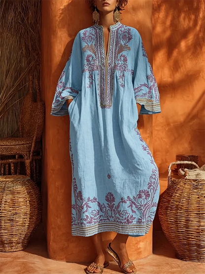 Vestido de Verano Largo Boho De Flores con Manga Larga
