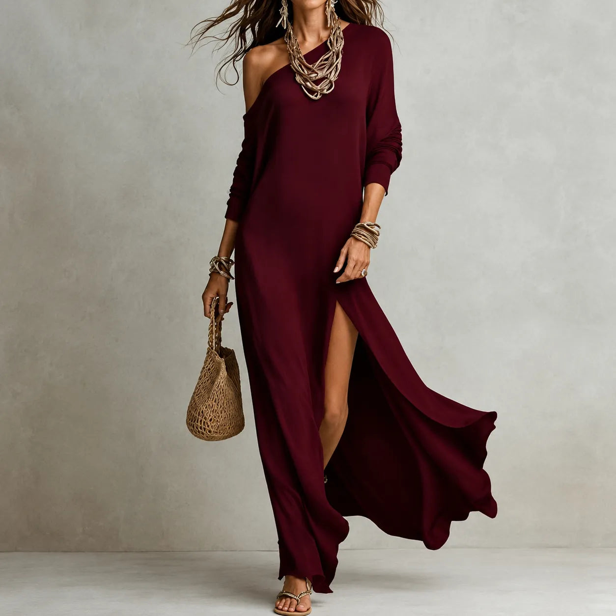 Vestido de Verano Largo Fluido Elegante con Hombros Descubiertos