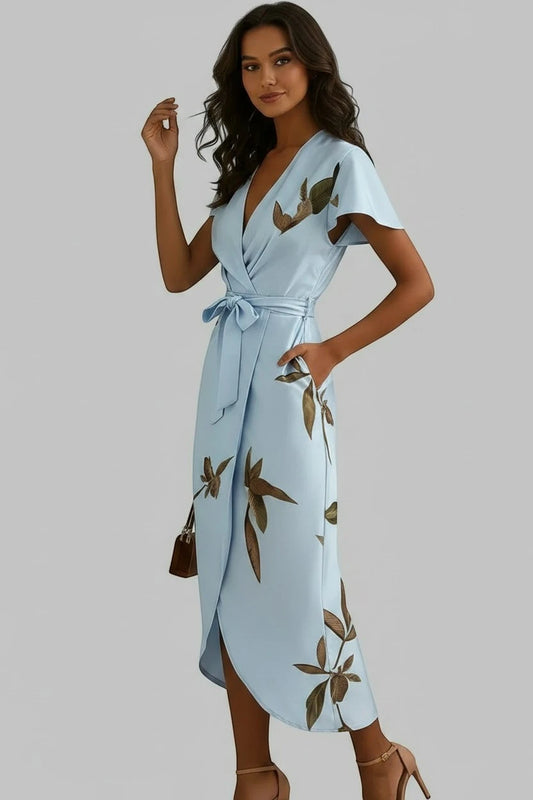 Vestido de Verano Midi Elegante con Flores Y Manga Corta