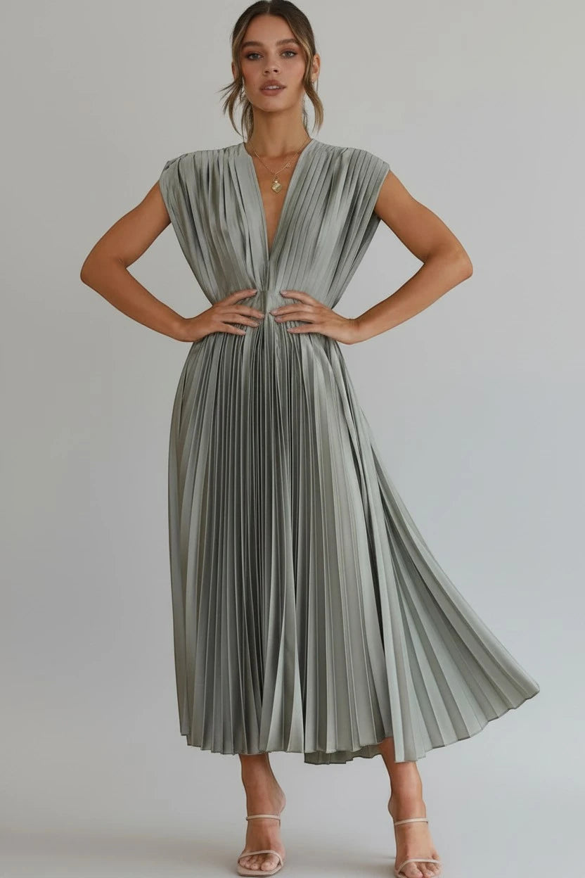 Vestido de Verano Midi Elegante con Plisado Y Escote En V