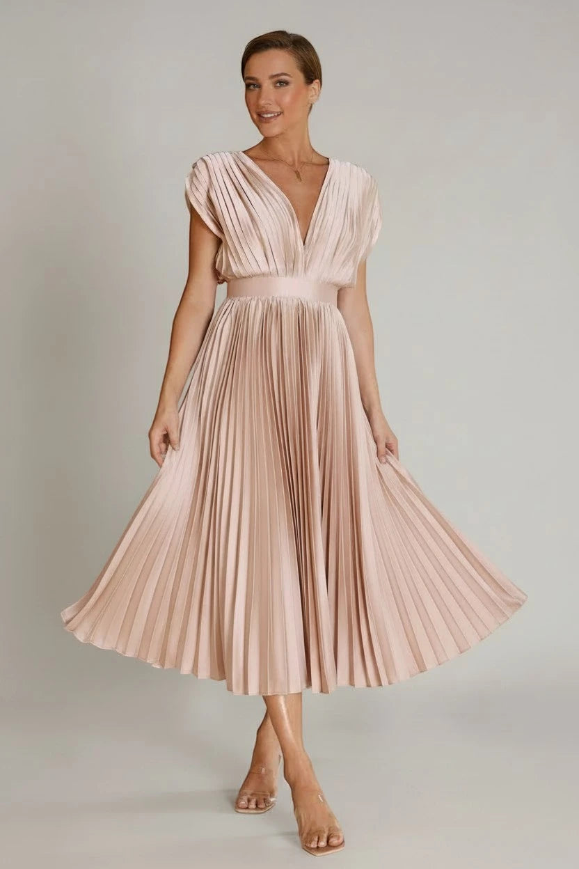 Vestido de Verano Midi Elegante con Plisado Y Escote En V
