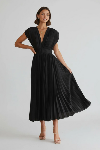 Vestido de Verano Midi Elegante con Plisado Y Escote En V