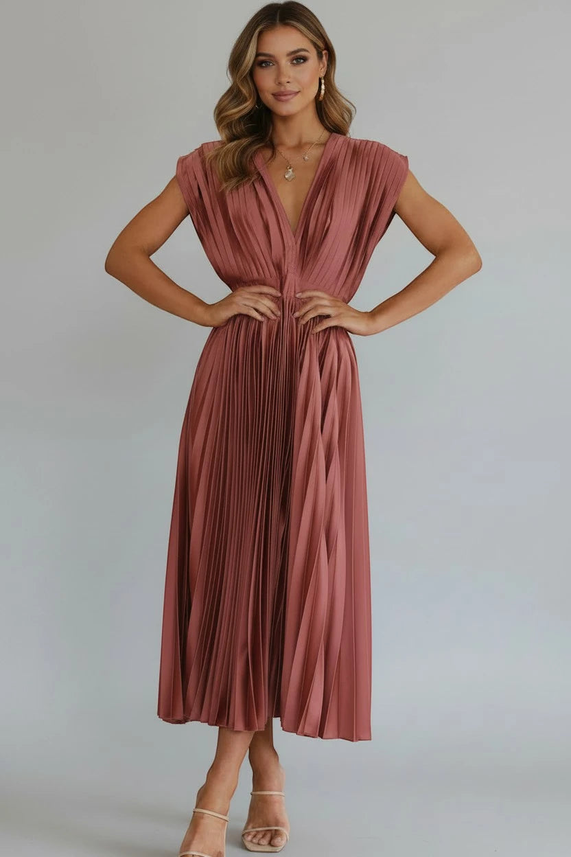 Vestido de Verano Midi Elegante con Plisado Y Escote En V