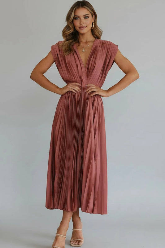 Vestido de Verano Midi Elegante con Plisado Y Escote En V