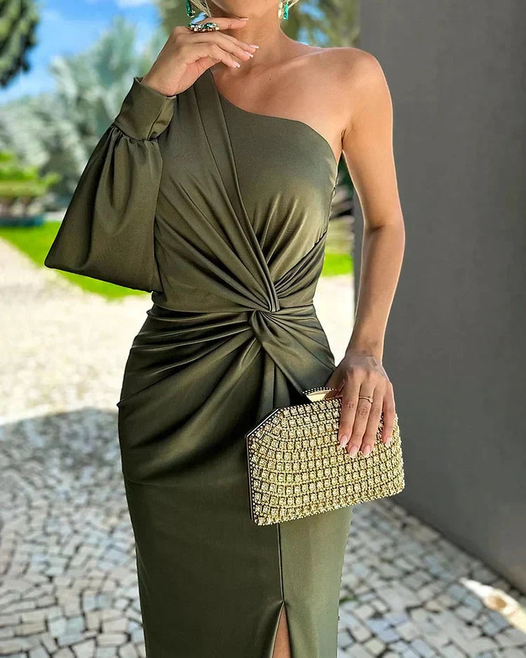 Vestido Invitada Boda Largo Elegante con Asimétrico y Manga Larga