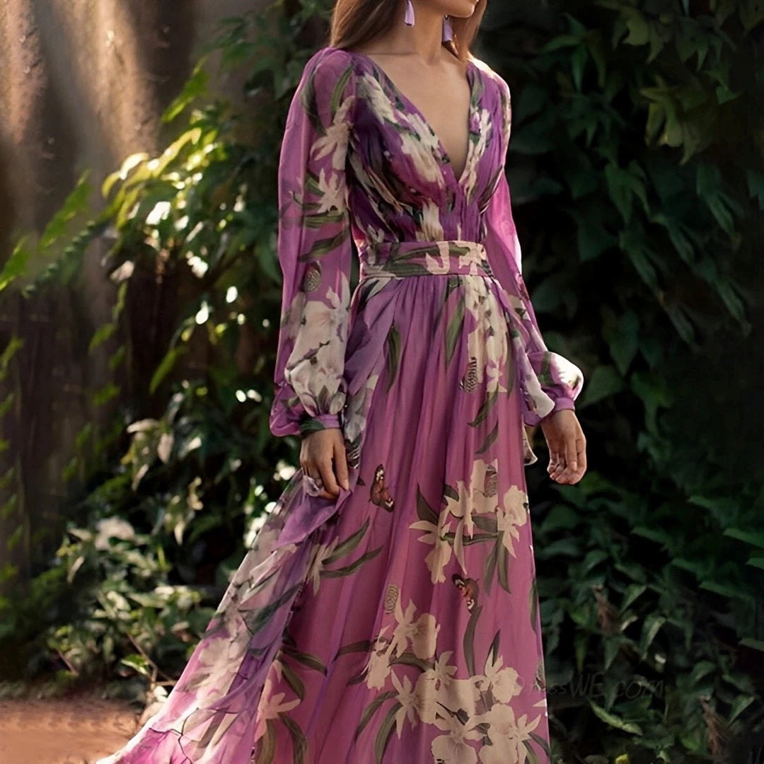 Vestido Invitada Boda Largo Floral con Escote en V