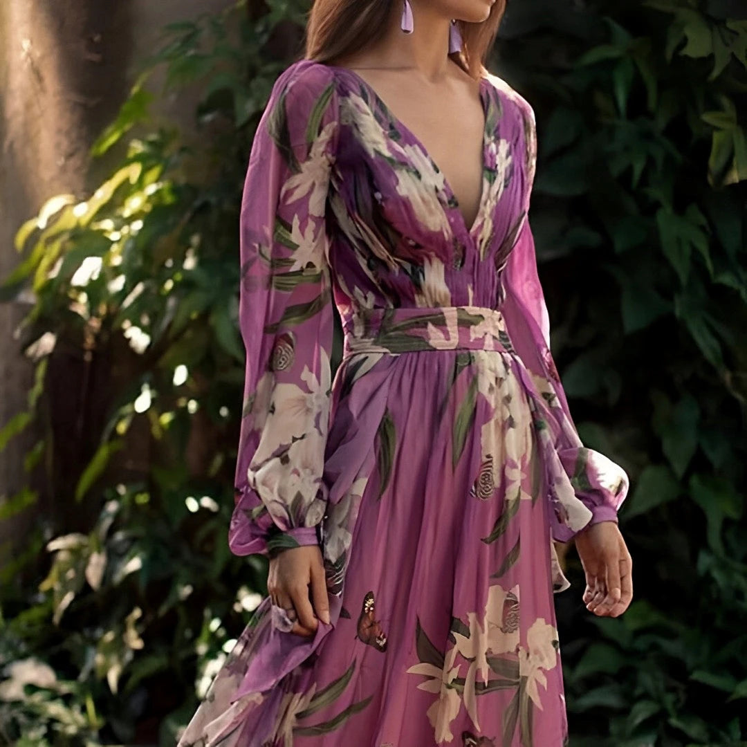 Vestido Invitada Boda Largo Floral con Escote en V