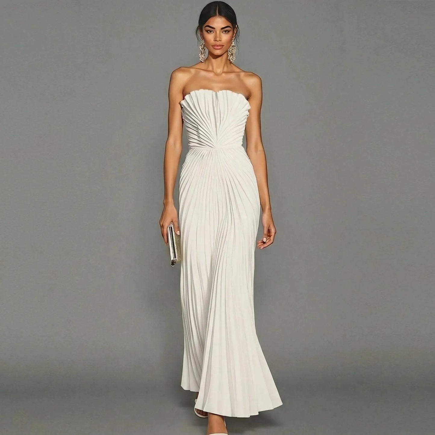 Vestido Largo Blanco Elegante con Plisado