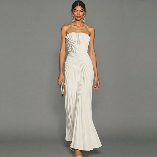 Vestido Largo Blanco Elegante con Plisado