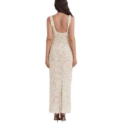 Vestido Largo Elegante con Flores en Relieve