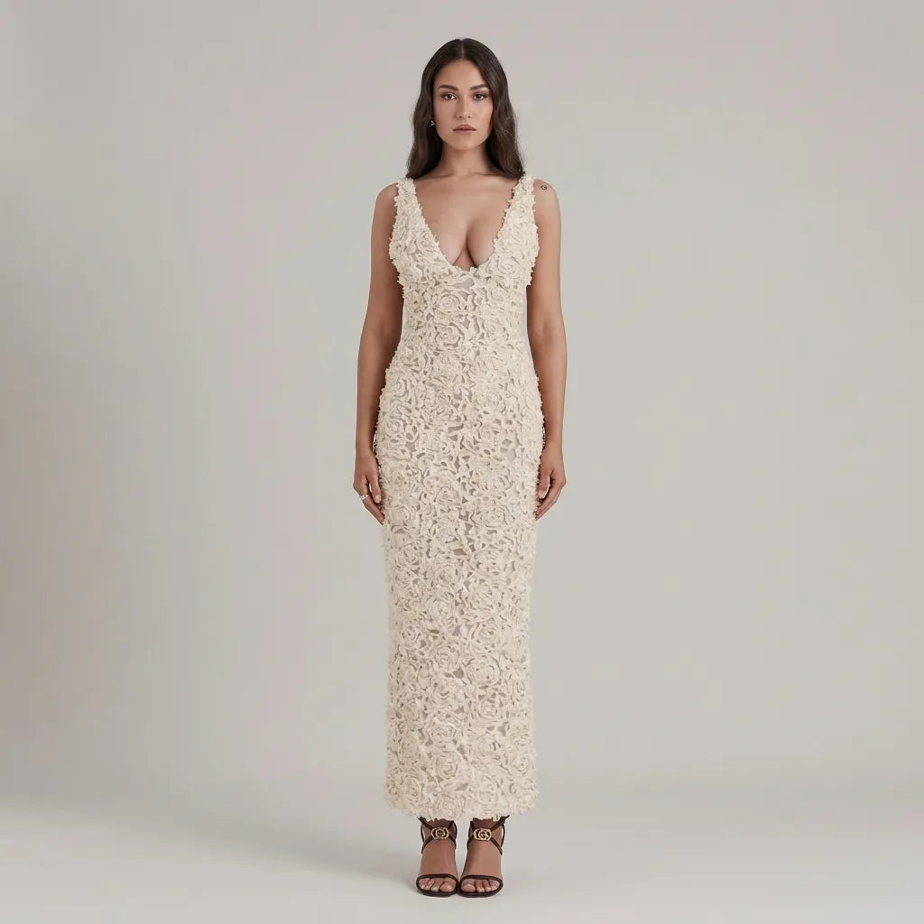 Vestido Largo Elegante con Flores en Relieve