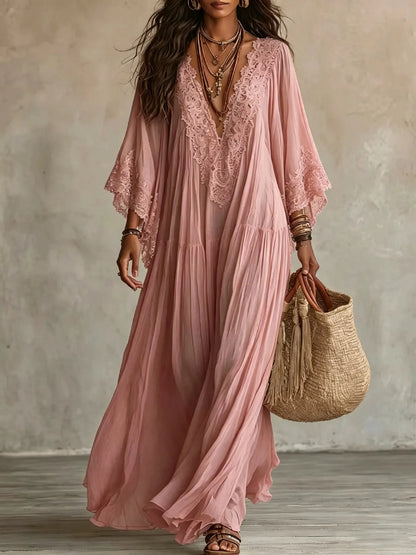 Vestido de Verano Largo Boho Fluido con Mangas Tipo Murciélago