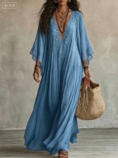 Vestido de Verano Largo Boho Fluido con Mangas Tipo Murciélago