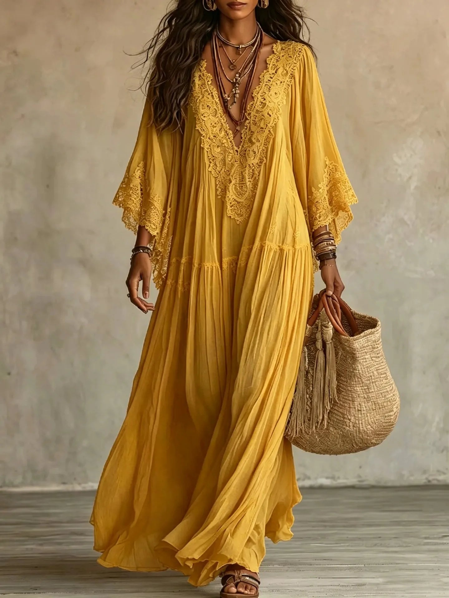 Vestido de Verano Largo Boho Fluido con Mangas Tipo Murciélago