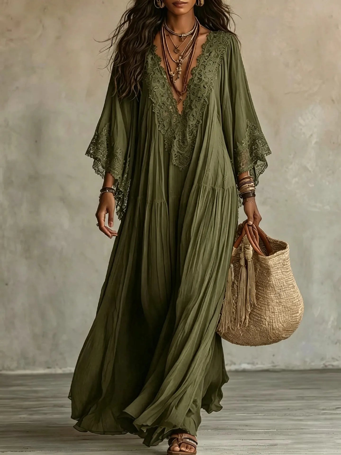 Vestido de Verano Largo Boho Fluido con Mangas Tipo Murciélago