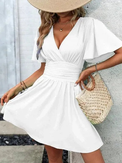 Vestido de Invitada de Boda Corto  Elegante Manga Corta con Fruncido
